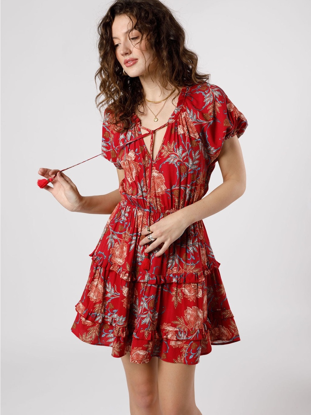 025. Tie-Front Red Floral Tiered Mini Dress